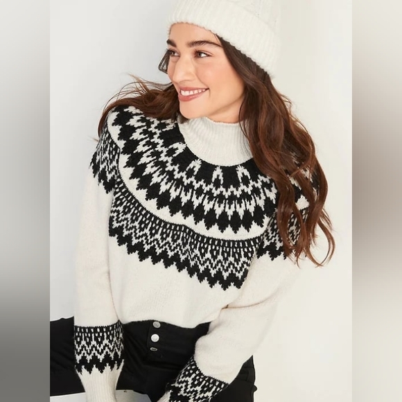 NWT Fair Isles Women White & Black Turtleneck Sweater Sz Large - Picture 2 of 4